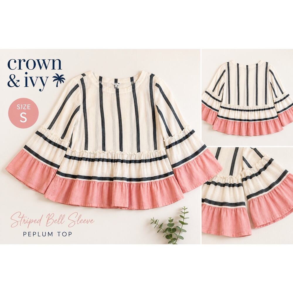 Crown & Ivy Women’s Small Striped Bell Sleeve Peplum Top Pink White Boho